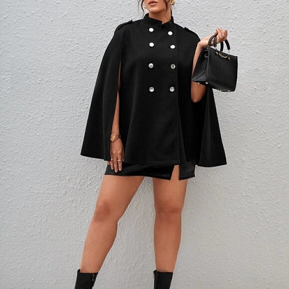 Black Boho Womens Plus Double Breasted Cloak Sleeve Overcoat - Picture 3 of 5